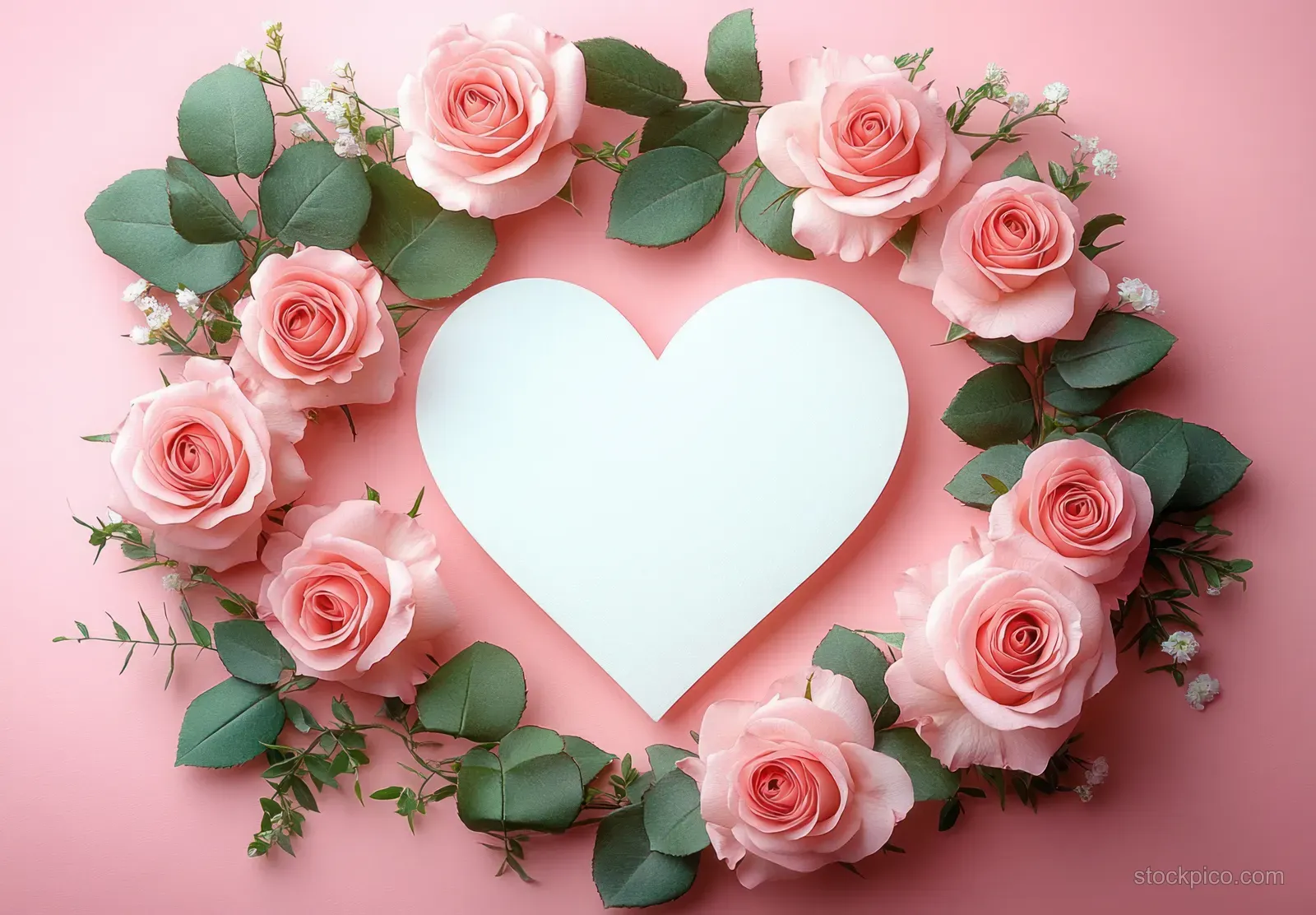 Pink roses and green leaves form a wreath around a white heart on a soft pink background.