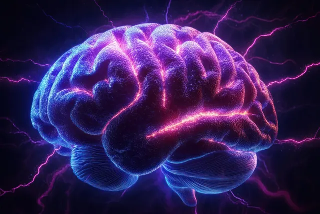 Glowing human brain illustration with electric energy lines and neural activity pulses on a dark purple-blue background.