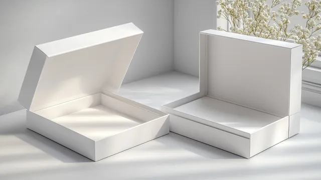 Open white gift box mockup with folded flaps displaying an empty interior on a minimal tabletop.