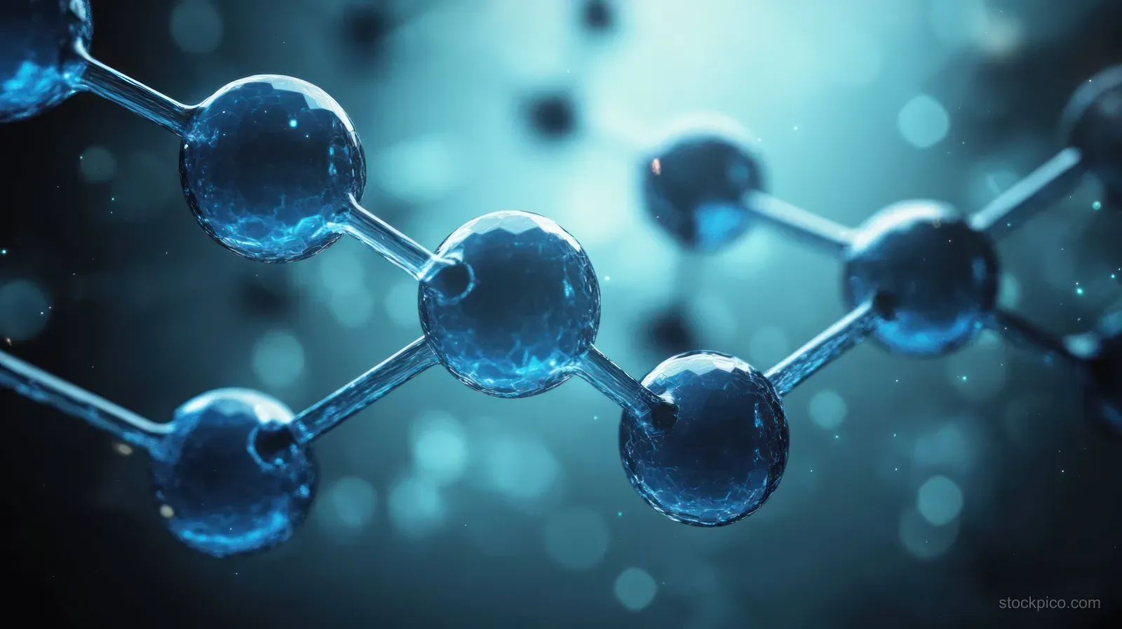 Glowing blue atoms connected by chemical bonds float in a softly blurred blue science background.