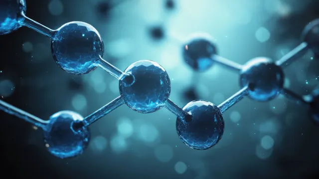 Glowing blue atoms connected by chemical bonds float in a softly blurred blue science background.