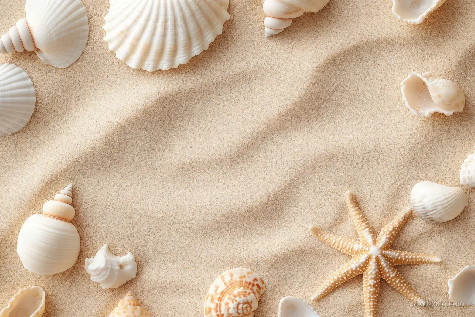 Seashells and starfish scattered across sand in a top-view summer beach texture background.