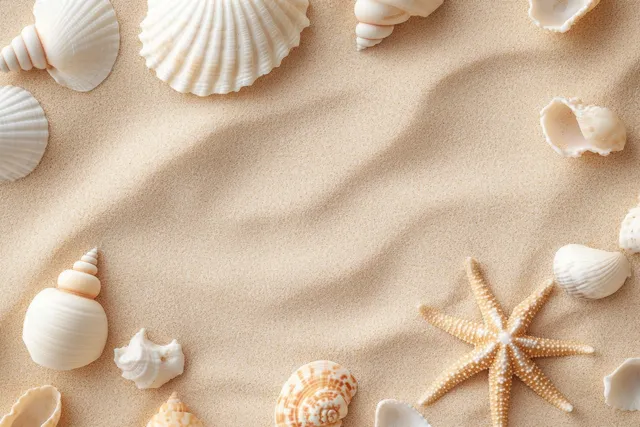 Seashells and starfish scattered across sand in a top-view summer beach texture background.