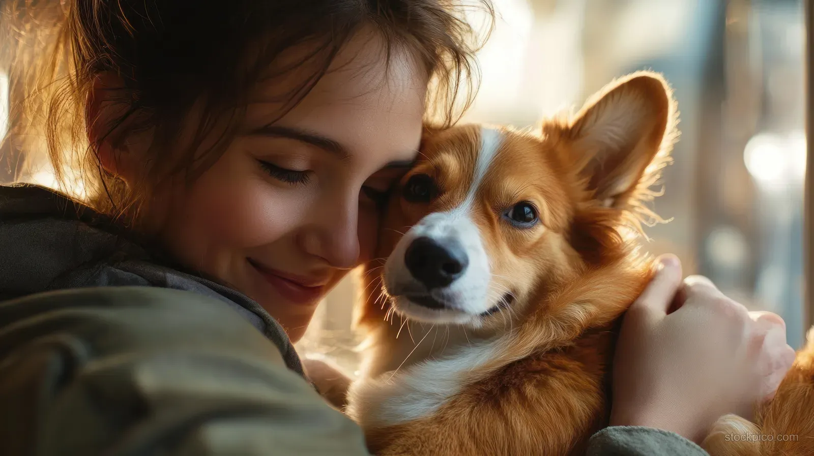 A veterinarian in blue scrubs cuddles a Pembroke Welsh Corgi while a person smiles indoors near the clinic window.