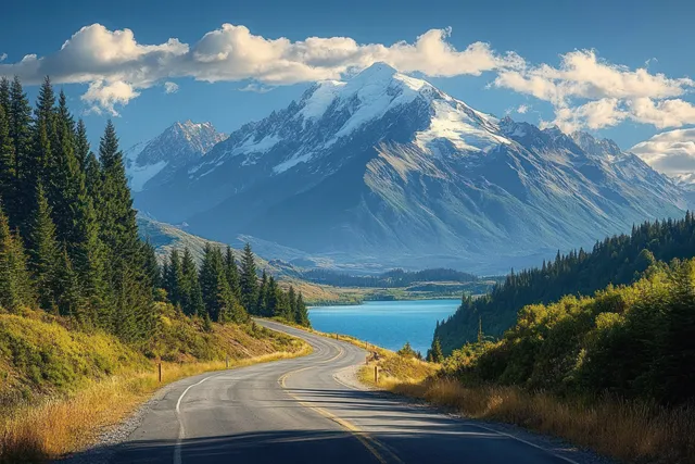 A winding road through a pine forest leads to a calm lake and snow-capped mountains under partly cloudy sky.