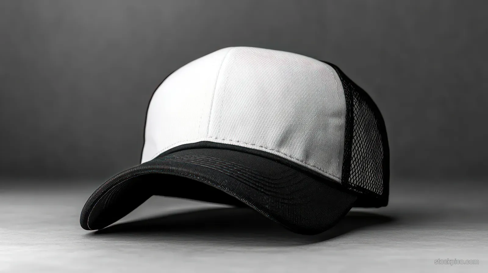 Black-and-white trucker cap with mesh side panels resting on a smooth gray surface.