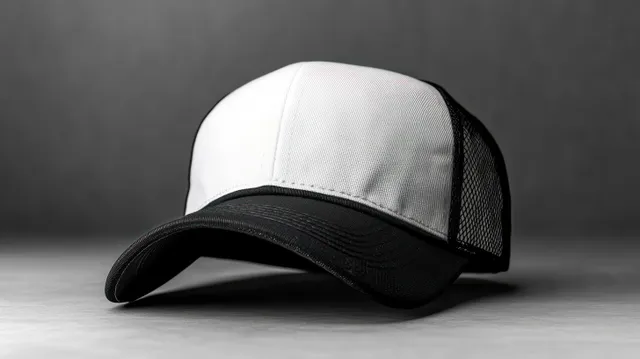 Black-and-white trucker cap with mesh side panels resting on a smooth gray surface.