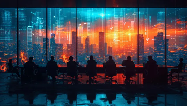 Executives sit in a boardroom facing a wall of glowing project dashboards and charts.