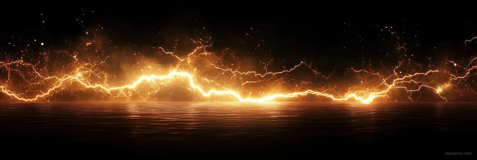 A vivid yellow lightning bolt arcs across a dark horizon, illuminating smoky storm clouds at night.