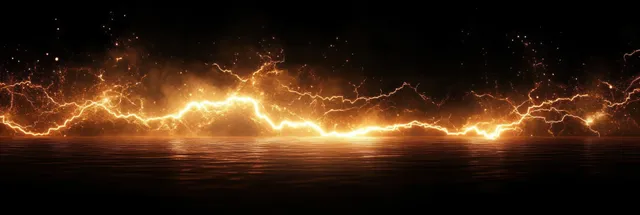Surreal lightning bolt over dark horizon with glowing yellow electric arcs across storm clouds