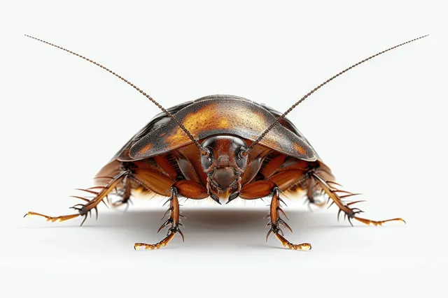 Brown cockroach isolated on white background, viewed in sharp studio macro close-up