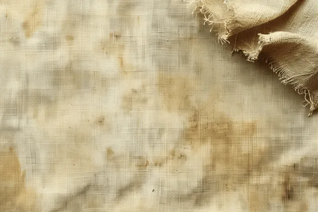 Beige watercolor-like wall texture with faint stains and a frayed fabric edge in the corner.