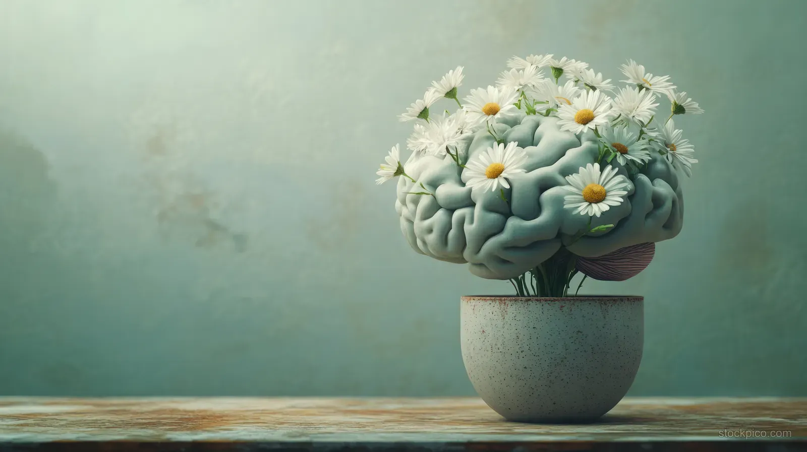 A potted brain with white daisies growing from it sits on a wooden table against a textured blue-green background.