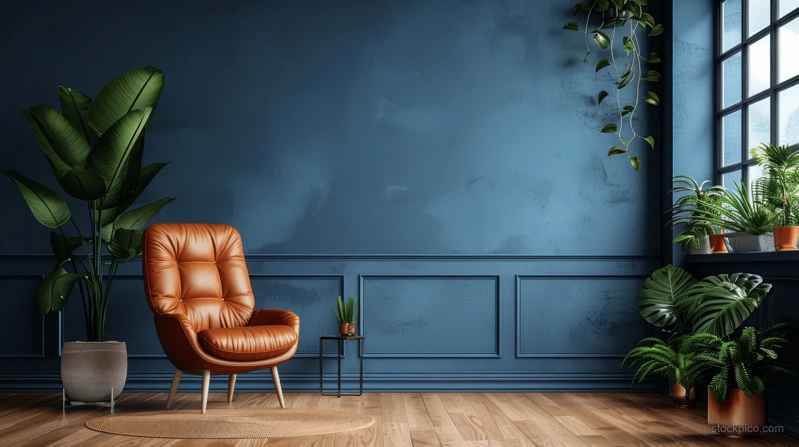 Brown leather armchair in a dark blue living room beside window ledges filled with potted green plants.