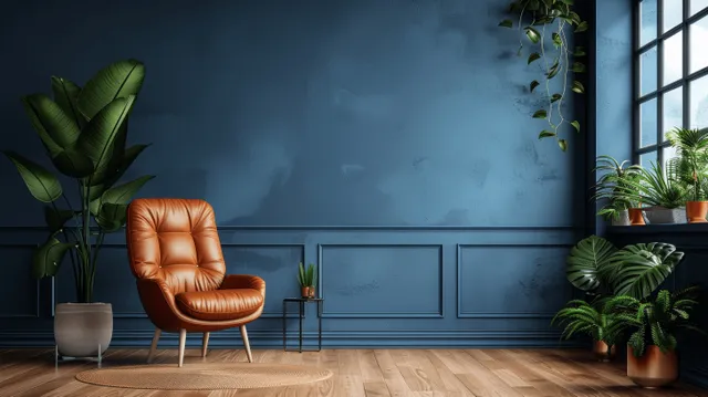 Brown leather armchair in a dark blue living room beside window ledges filled with potted green plants.