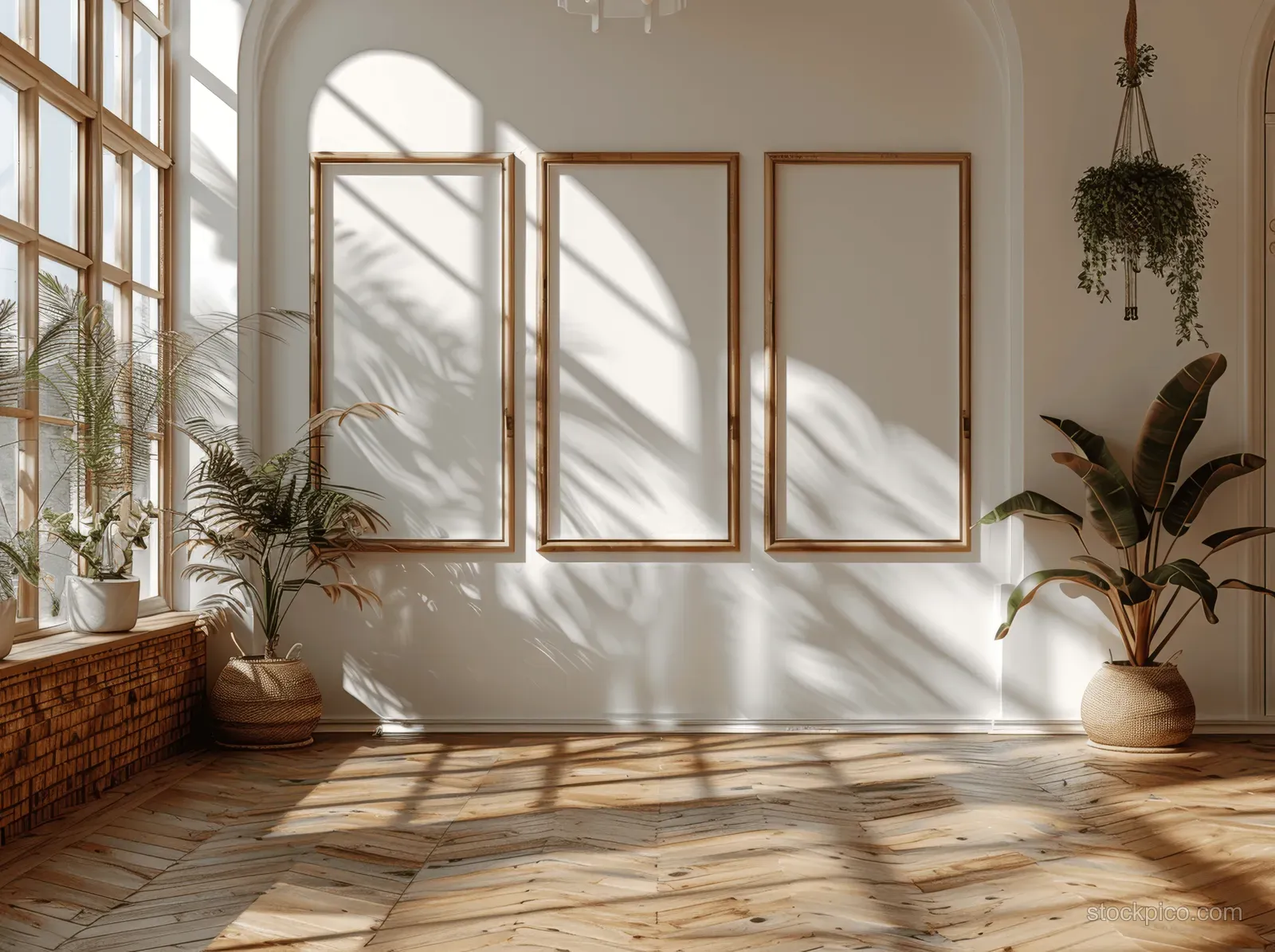 Blank white A2 posters in wooden frames on a sunlit parquet floor with sharp shadows against a wall.