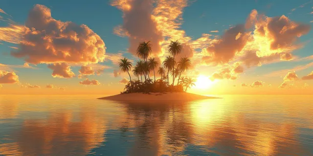 Small tropical island with palm trees surrounded by calm ocean at golden sunset reflection