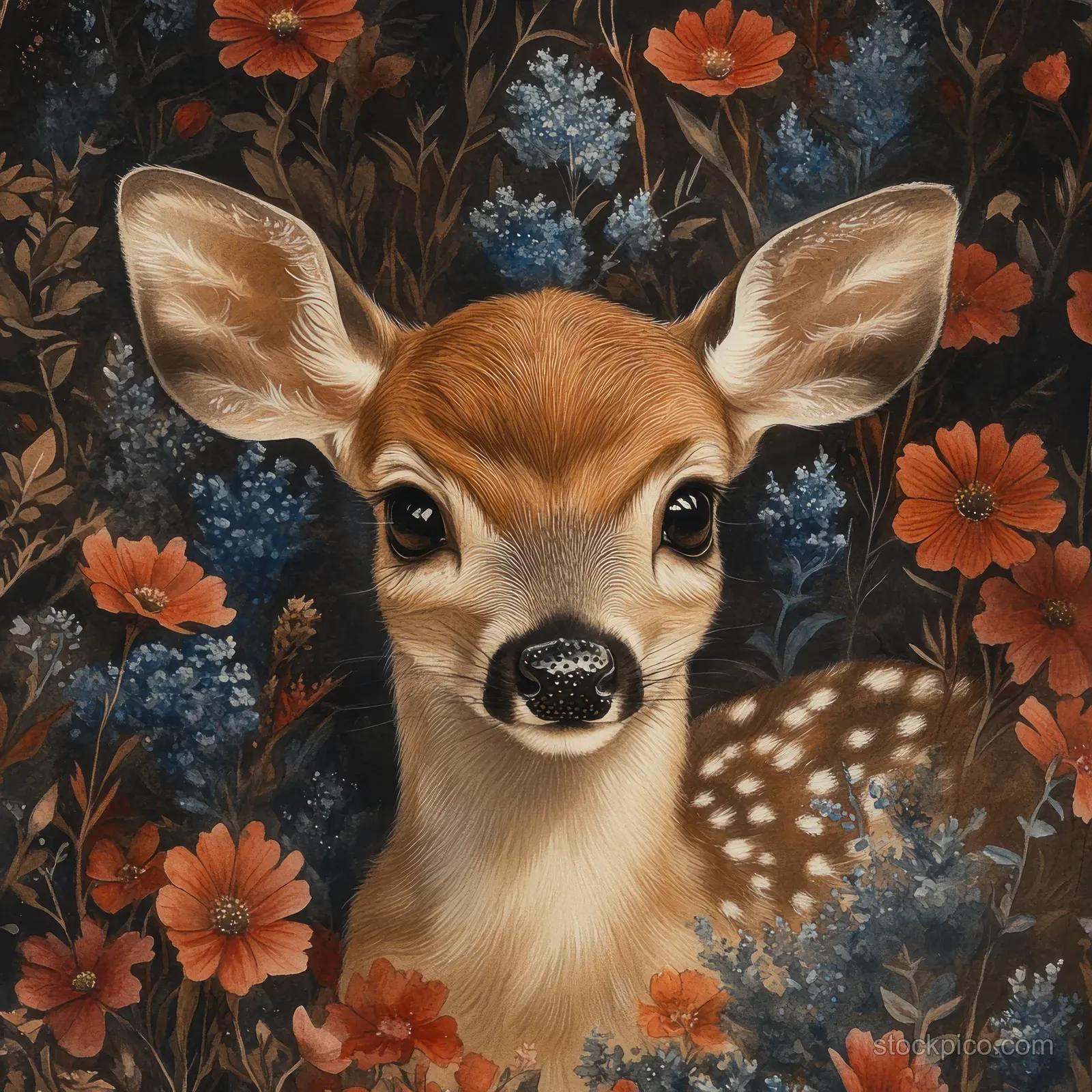 Watercolor fawn portrait surrounded by orange flowers and small blue ornament accents in a dark forest scene.