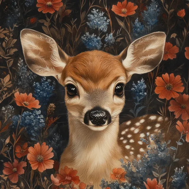 Watercolor fawn portrait surrounded by flowers and Christmas ornaments on dark forest background