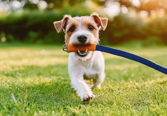 A small dog runs on green grass with a blue leash held in its mouth in sunny outdoor light.