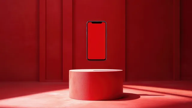 Black smartphone with red screen floats above a red cylindrical pedestal in a minimal red room with strong shadows.