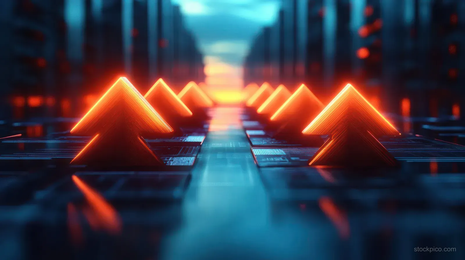 Glowing orange upward arrows float above a blurred street, implying business growth and progress.