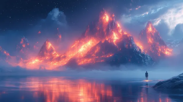 Cyberpunk glow mountains formed by interconnected light nodes with digital data flow