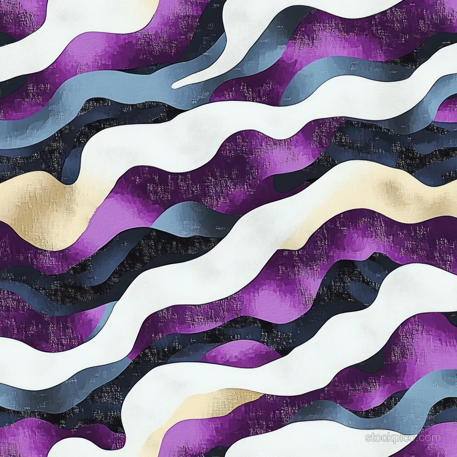 Layered abstract waves in purple, white, black, beige, and blue blend across a textured surface.