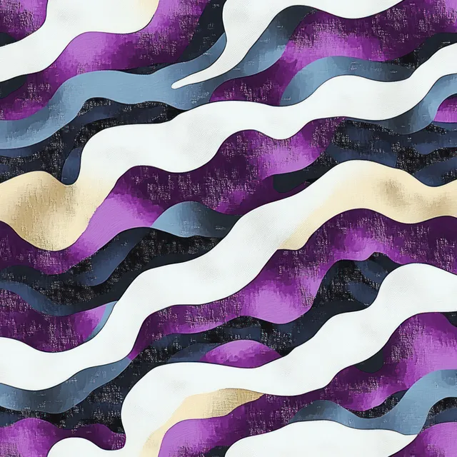 Undulating abstract waves in purple, white, black, beige and blue with textured flowing pattern