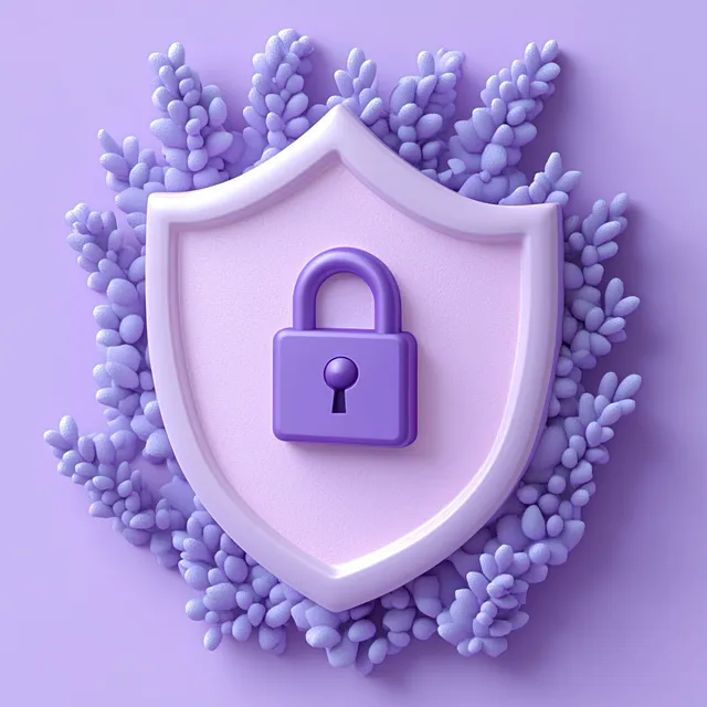 A purple shield with a padlock icon is surrounded by lavender-like textured leaves on a light purple background.