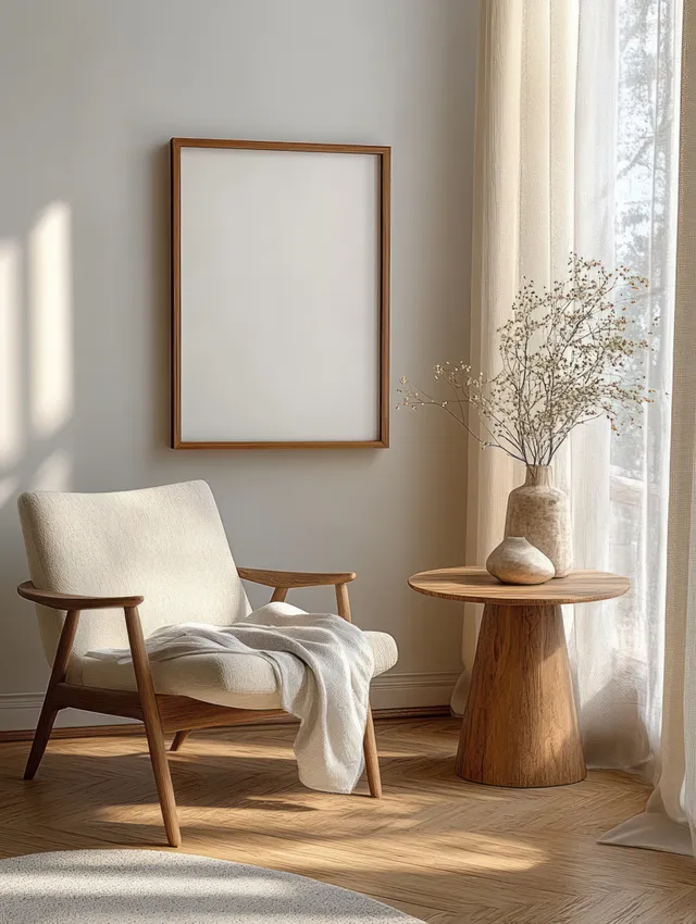 Mid-century chair beside an empty picture frame wall and a small side table, lit by sunlight through sheer curtains.