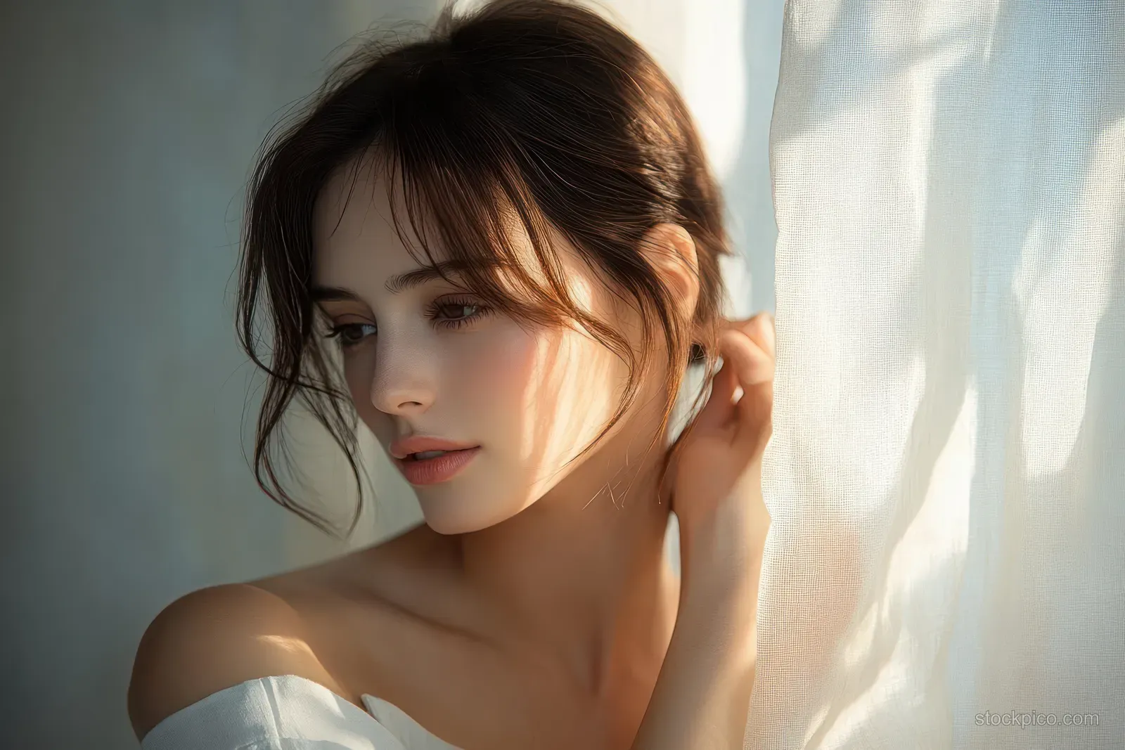 A calm woman in a side profile leans by sheer curtains as soft morning light fills the room.