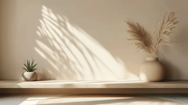 Minimalist beige shelf holding a ceramic vase and small plant, with tropical leaf shadows cast on the wall.