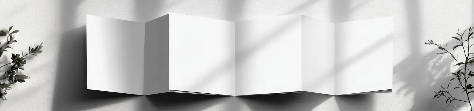 An open trifold brochure mockup on a white marble surface with soft shadows and Scandinavian layout.