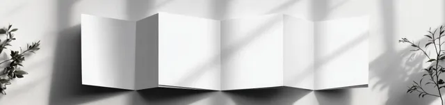 Open trifold brochure on white marble surface with soft shadows and Scandinavian styling