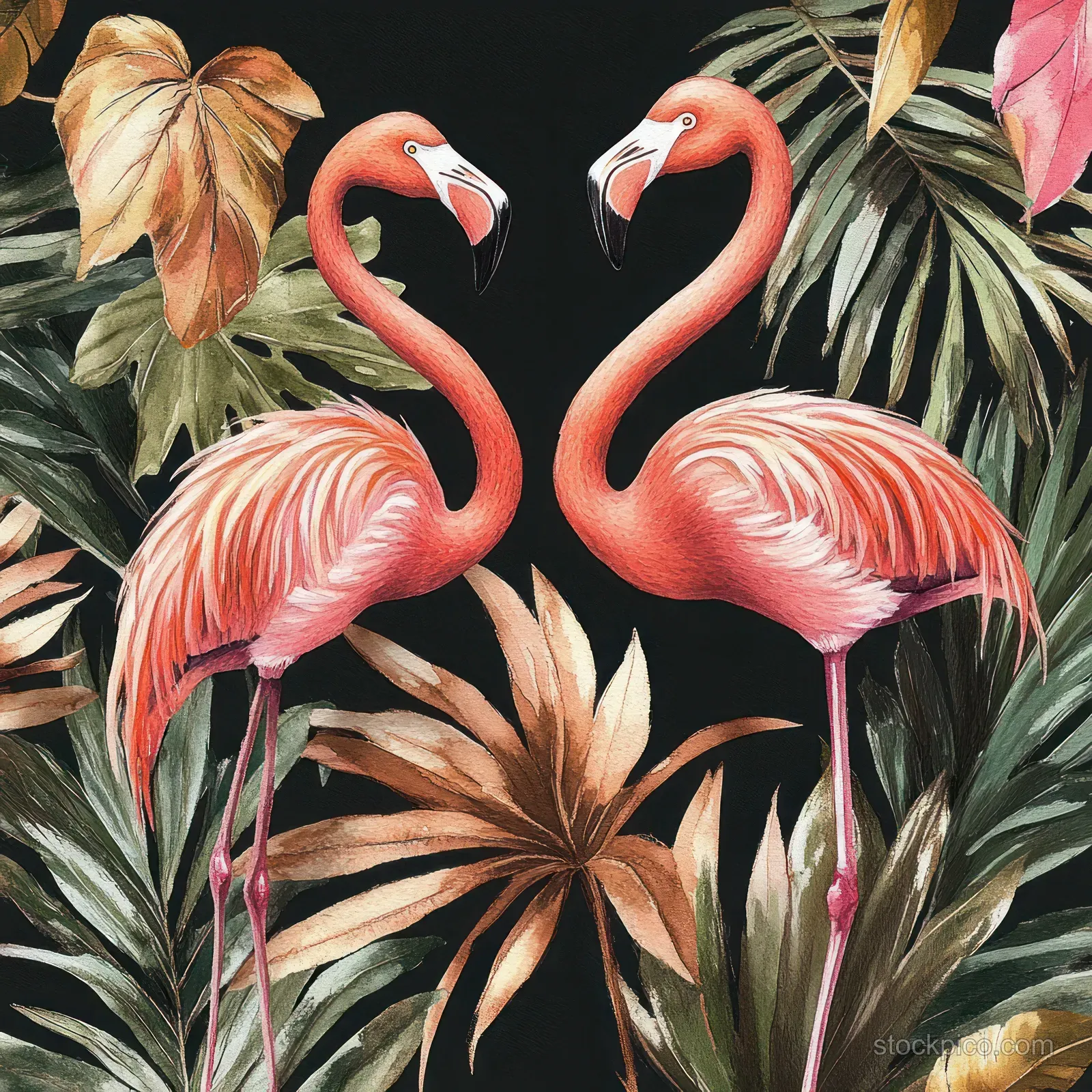 Two pink watercolor flamingos stand among palm leaves and tropical foliage on a dark background.