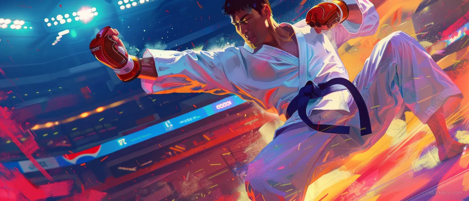A taekwondo athlete performs a spinning kick inside a neon-lit arena, surrounded by dynamic motion effects.