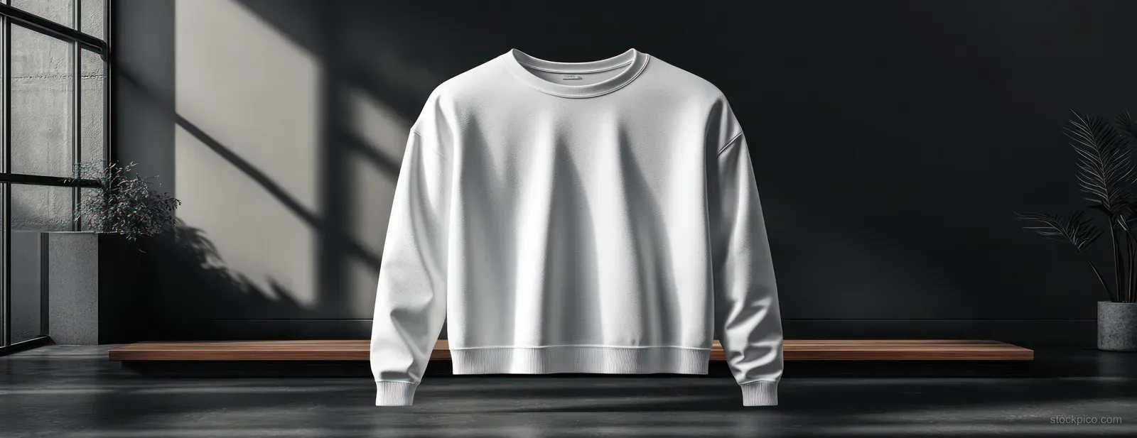 White long-sleeve crewneck t-shirt mockup standing on a concrete floor with soft studio shadows.