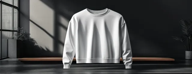 White long-sleeve crewneck t-shirt mockup standing on a concrete floor with soft studio shadows.