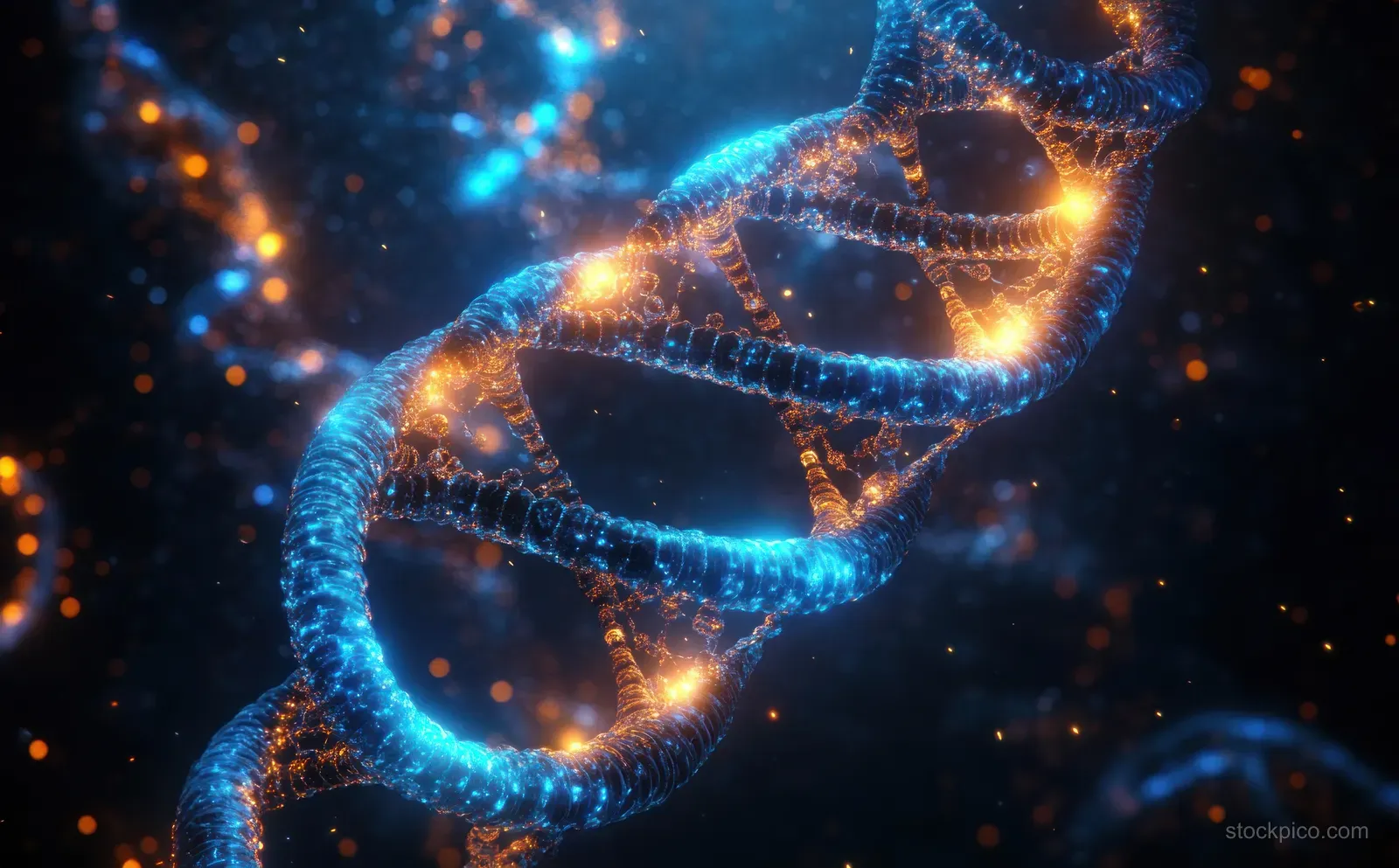 A glowing DNA double helix with blue and orange particles in a dark microscopic scene.