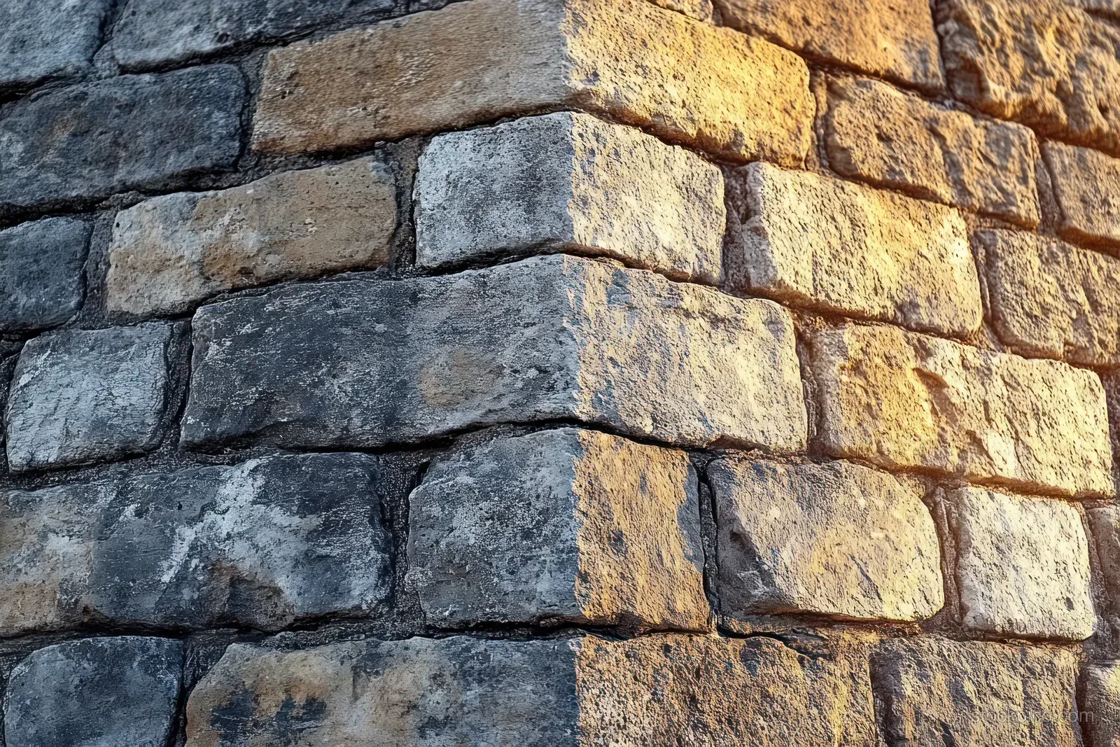 Weathered stone wall corner with rough rectangular blocks lit by warm golden sunlight and dark shadows.