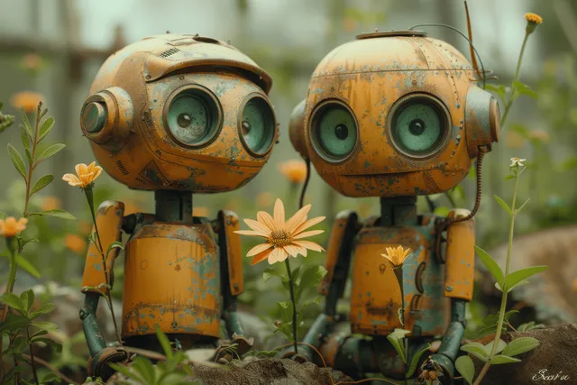Cute robot siblings sitting in a flower garden, holding daisies in warm light
