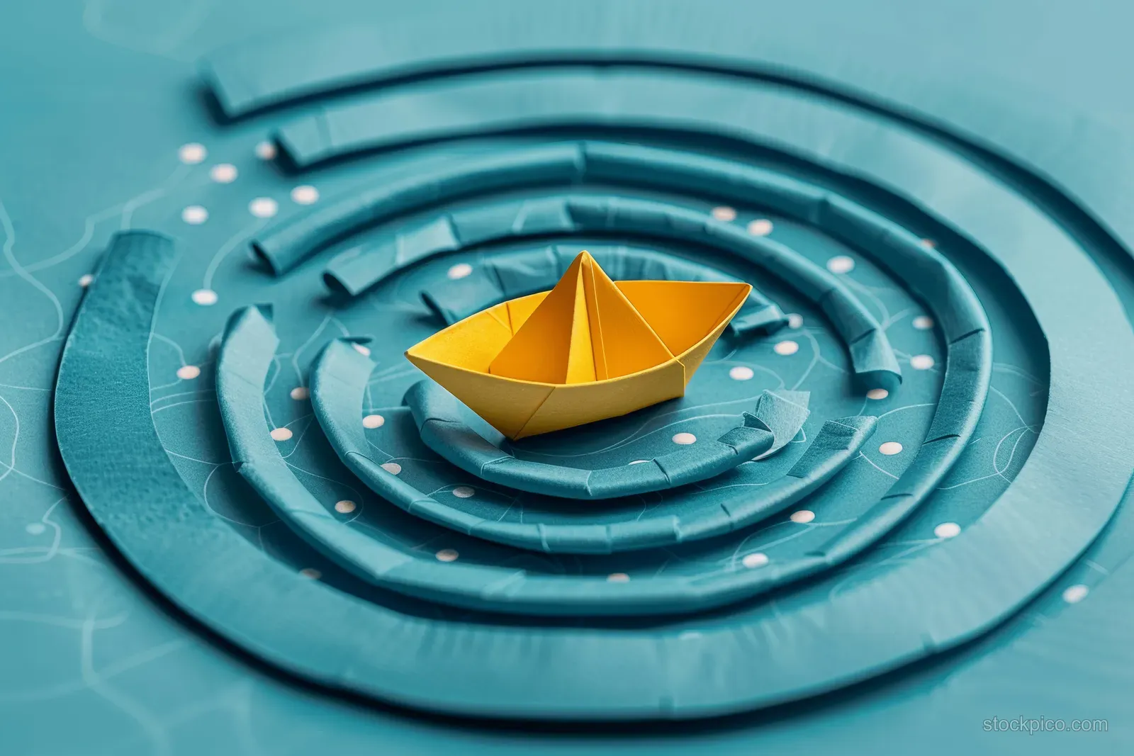 Yellow paper boat inside a blue spiral labyrinth maze with scattered white dots suggesting an exit route.