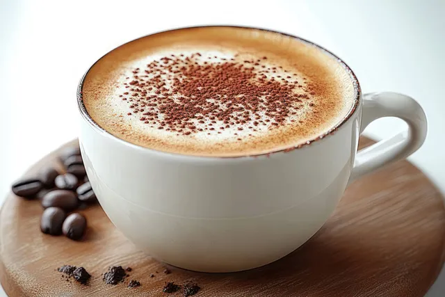 Creamy cappuccino in a white ceramic cup with foam crema on a wooden table beside scattered coffee beans and grounds.