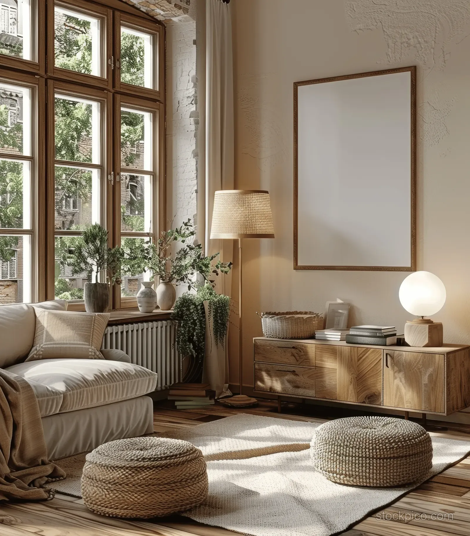 Blank portrait picture frame mockup hangs above wooden sideboard in a beige living room with window light and decor.