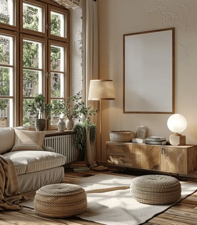 Blank portrait picture frame mockup hangs above wooden sideboard in a beige living room with window light and decor.