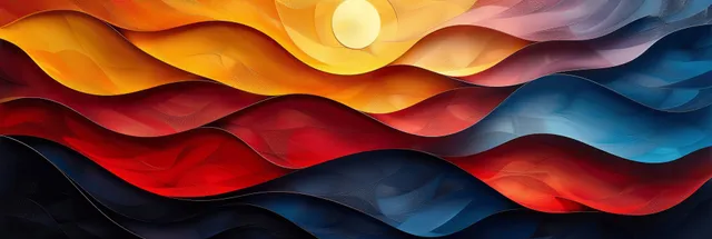Curved ribbon waves in red, gold, and blue form an Art Deco background with glowing geometric light.