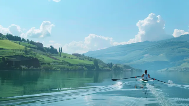 An Italian single scull rower drives powerful strokes on a calm lake with green hills and blue sky in view.