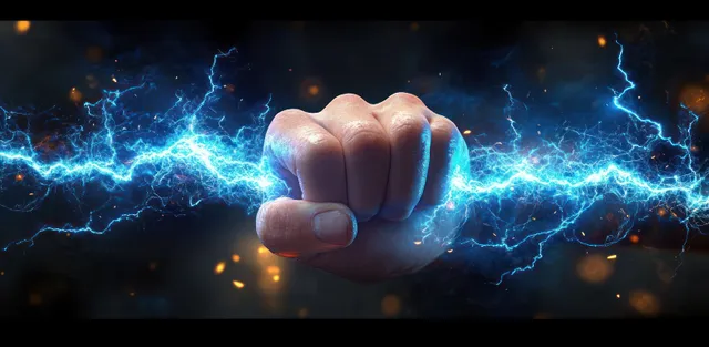 Clenched fist projecting blue lightning arcs with glowing sparks against a dark background.