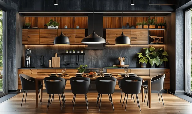 Luxury kitchen interior with a black dining table, modern pendant lights, and wooden cabinets along dark gray walls.